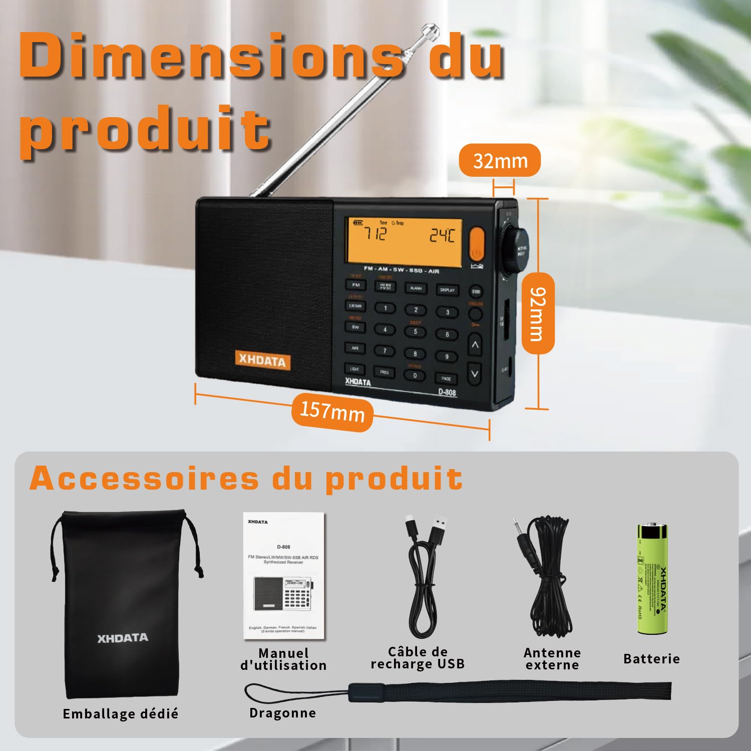 XHDATA D-808 Ondes Courtes Radio Portable, Poste Radio FM/SW/MW/LW SSB Air Band World Receiver, RDS, Radio a Pile Rechargeable, avec Antenne Externe (Noir)