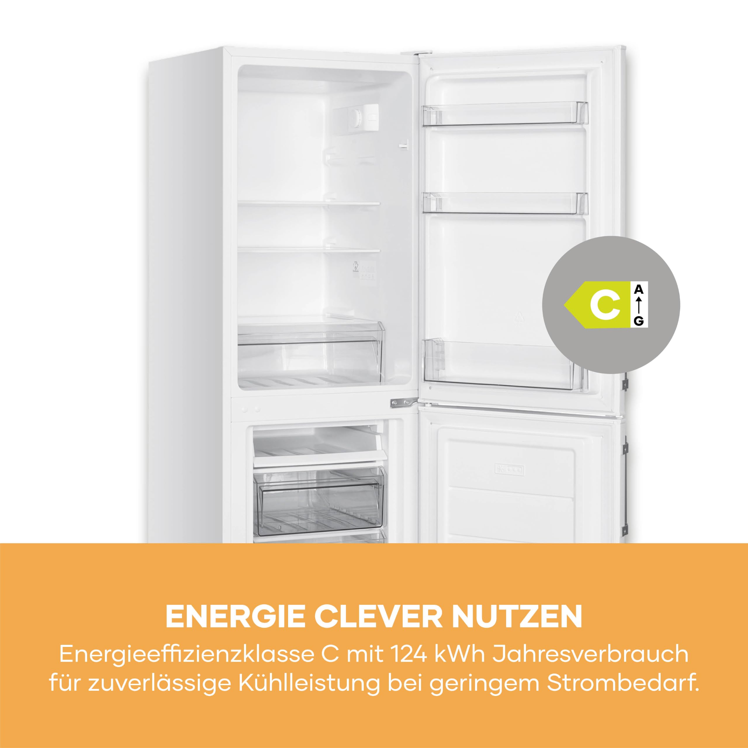 SEVERIN Kühl-Gefrierkombination, Energieeffizienzklasse C, Kühlen 121L, Gefrieren 52L, LED Beleuchtung, 142,5 cm Höhe, 4-Sterne-Gefrierfach, verstellbare Ablagefläche, 124 kWh, weiß/Metall, DT 8770