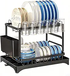 BEMMY Escorredor Louça Pratos Com 2 Níveis Automática Drenagem 37*29*30CM, Escorredores de Pratos Removíveis de 2 Níveis para Balcão de Cozinha, Organizador de Cozinha com Suporte para Tábua de Corte