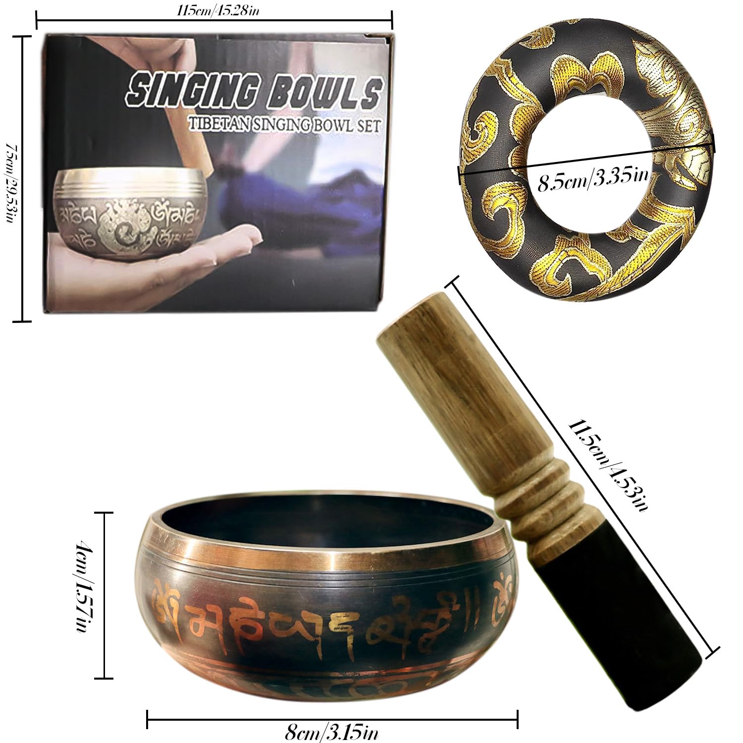 VVR YOYIAG Tibetan Singing Bowl Set: Meditation Sound Bowl, Handcrafted with Packing Box, Silk Cushion, Mallet, 8 cm, Metallic - Image 2