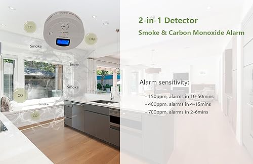Miniatura 3 de Detector de humo y monóxido de carbono, detectores de humo y detector de humo inteligente con batería para el hogar, viajes o RV, portátil, pantalla