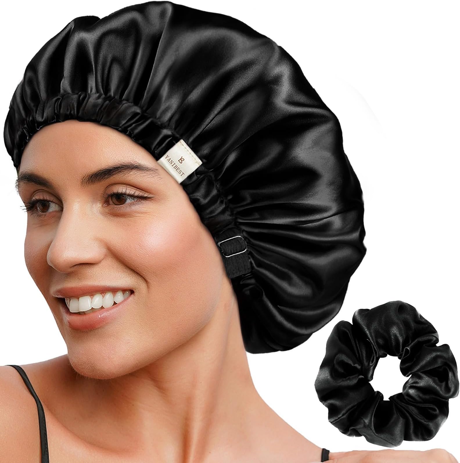 Adjustable Satin Bonnet Double Layer Hair Bonnet for Sleeping Bonnets for Women Hats Curly Natural Hair, Black