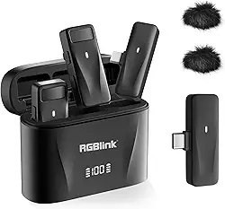 RGBlink Microfone de lapela sem fio compatível com iPhone 16,15 Pro Max, smartphone USB C, Samsung, Android, conjunto de 2 microfones de lapela com cancelamento de ruído para criador de conteúdo