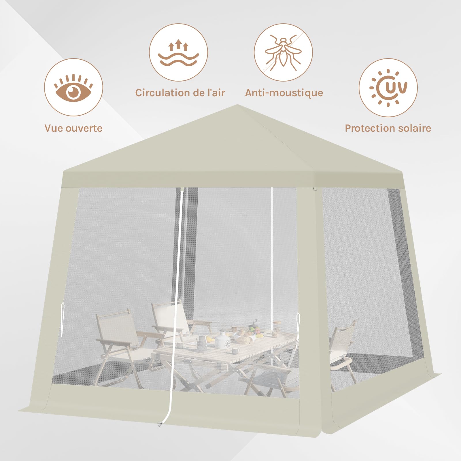 WOLTU Tonnelle de Jardin Extérieur, avec Moustiquaire, Pergola Jardin Extérieur, Tente de Réception, avec Parois Latérales en Maille, Barnum 3 x 3 m, Aspect Unique, Beige