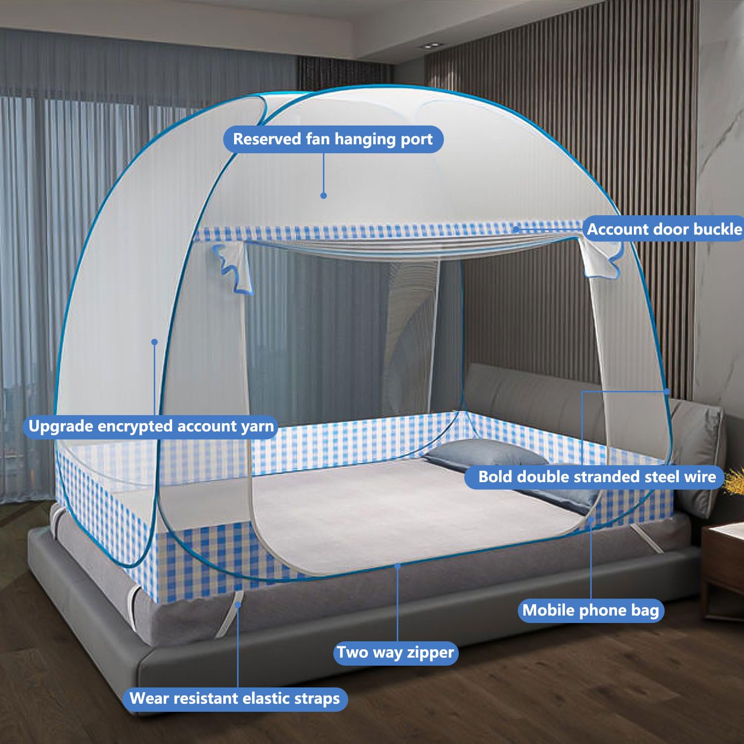 Faltbares Moskitonetz - Tragbar für Reise, Doppeltür Pop-Up, Großes Bett für Schlafzimmer, Outdoor, Camping, Picknick (Blau, 200x180x150 cm)