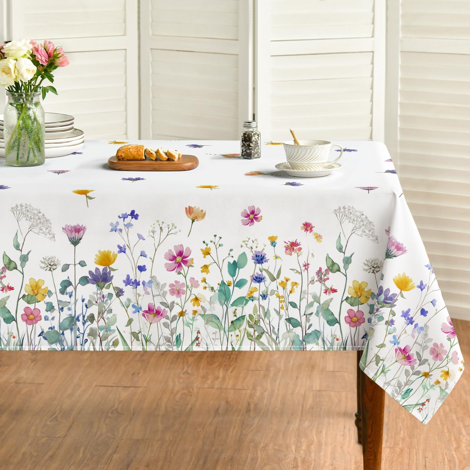 Horaldaily Spring Tablecloth 60×120 Inch Rectangular, Colorful Wild Flowers Washable Seasonal Table Cover for Party Picnic Dinner Decor