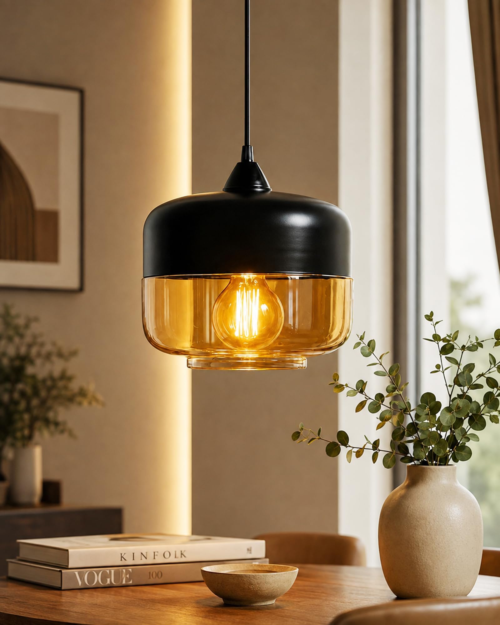 HomesakeยฎGlass Pendant Light Black Loft Bar Counter Dining Room Creative LED/Filament Ceiling Hanging Lamp, E27, Murray, Black