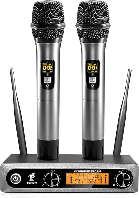 TONOR UHF Wireless Microphone, Professional Dynamic Wireless Dual Microphone, Handheld Microphone System, Home KTV Set for Karaoke, Party, DJ, Church, Wedding, Meeting, Lessons, 60 Meters