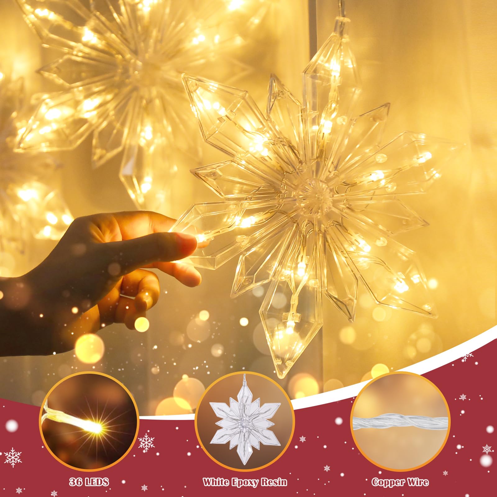 Quntis Luci natalizie da 86,4 cm, a batteria, confezione da 3 luci a 36 LED a forma di fiocco di neve, con timer di memoria, 8 modalità scintillanti, decorazione natalizia per interni e invernali