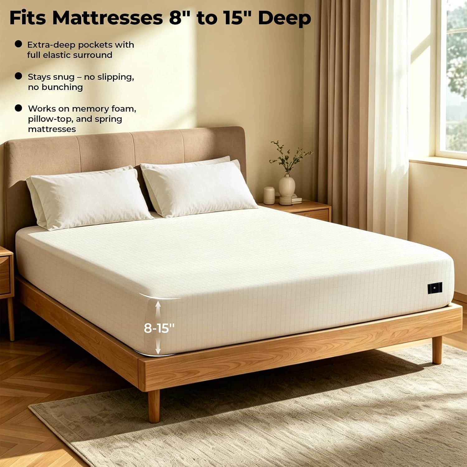Grounding Bed Sheets California King Deep Pocket Fitted Sheet 10% Silver Fiber Grounded Sheets Earth Connected Sheet Kit (72"x84"x15",Beige)
