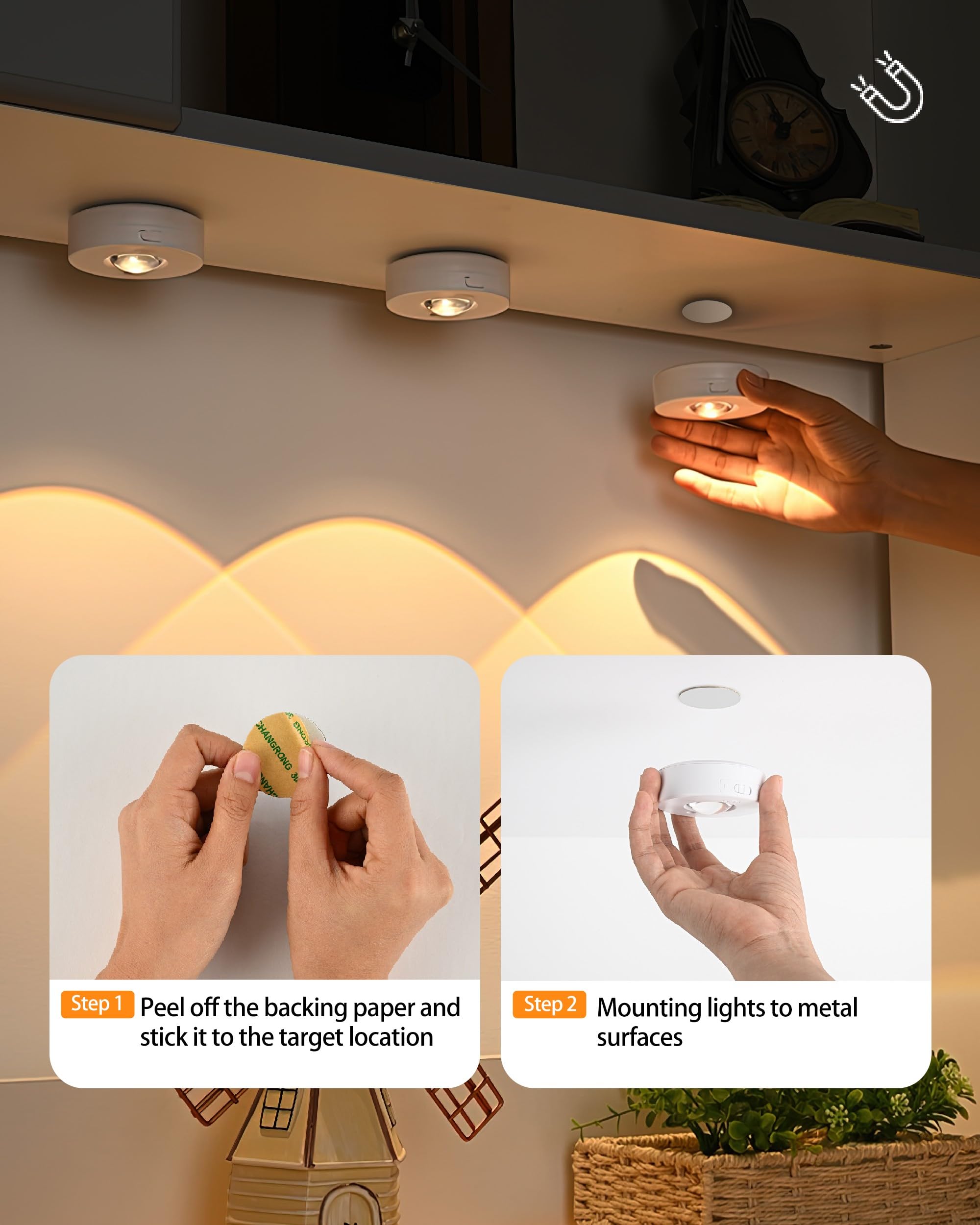 Paquete de 3 luces RGB inalámbricas para debajo del gabinete con función de temporizador, luz magnética regulable, luces de disco recargables con control remoto, luz LED táctil para cocina