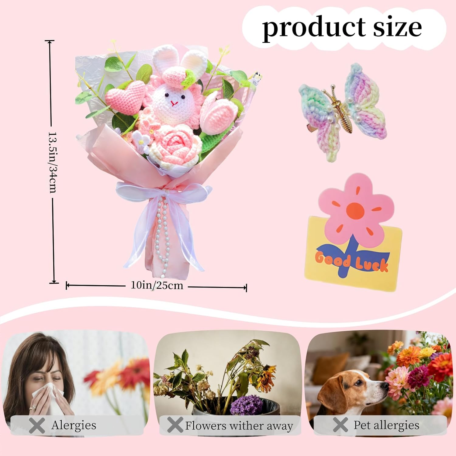 PXFCXVMQ Crochet Bunny Flower Bouquet,Pink Sunflower Tulip Rose Knitted Bouquet,Gift for Easter, Mother's Day, Graduation, Birthday, Wedding, Home Decor(Pink)