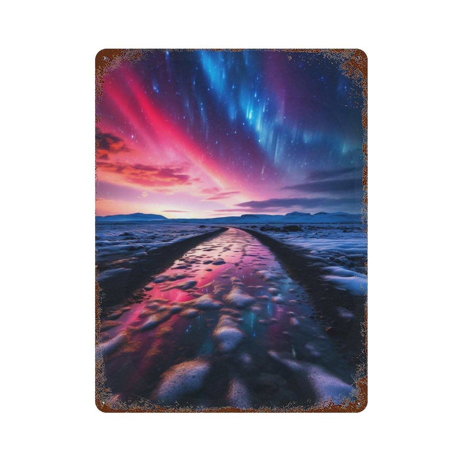Northern Lights at The Sky 15.7"x11.8" Distressed Metal Wall Sign, Shabby Chic Decor for Office, Studio And Wall Decor
