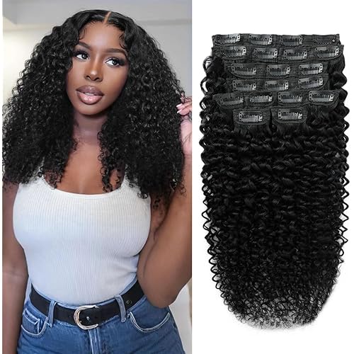 3C 4A Curly Clip In Hair Extensions Real Human Hair 18 Inch 110g 8pcs Kinky Curly Clip Ins Full Head for Black Women 100% Brazilian Remy Human Hair Extensions Natural Color with 20 Clips