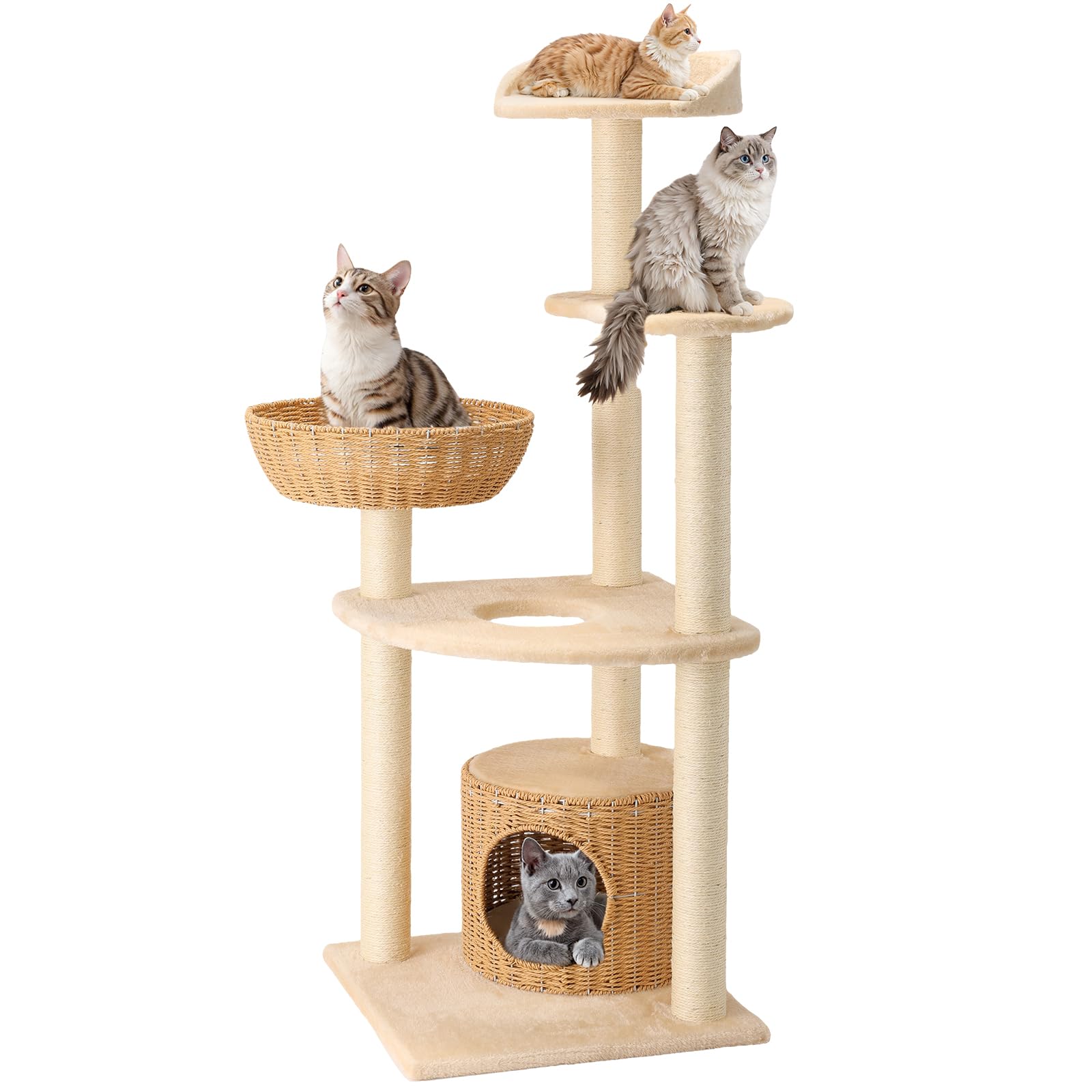 BUMUBI Modern Rattan Cat Tree House Condo Tall Heavy Duty Cat Climbing Tower with Scratching Post,Basket,Bed,and Stand for Indoor Large Adult Cat