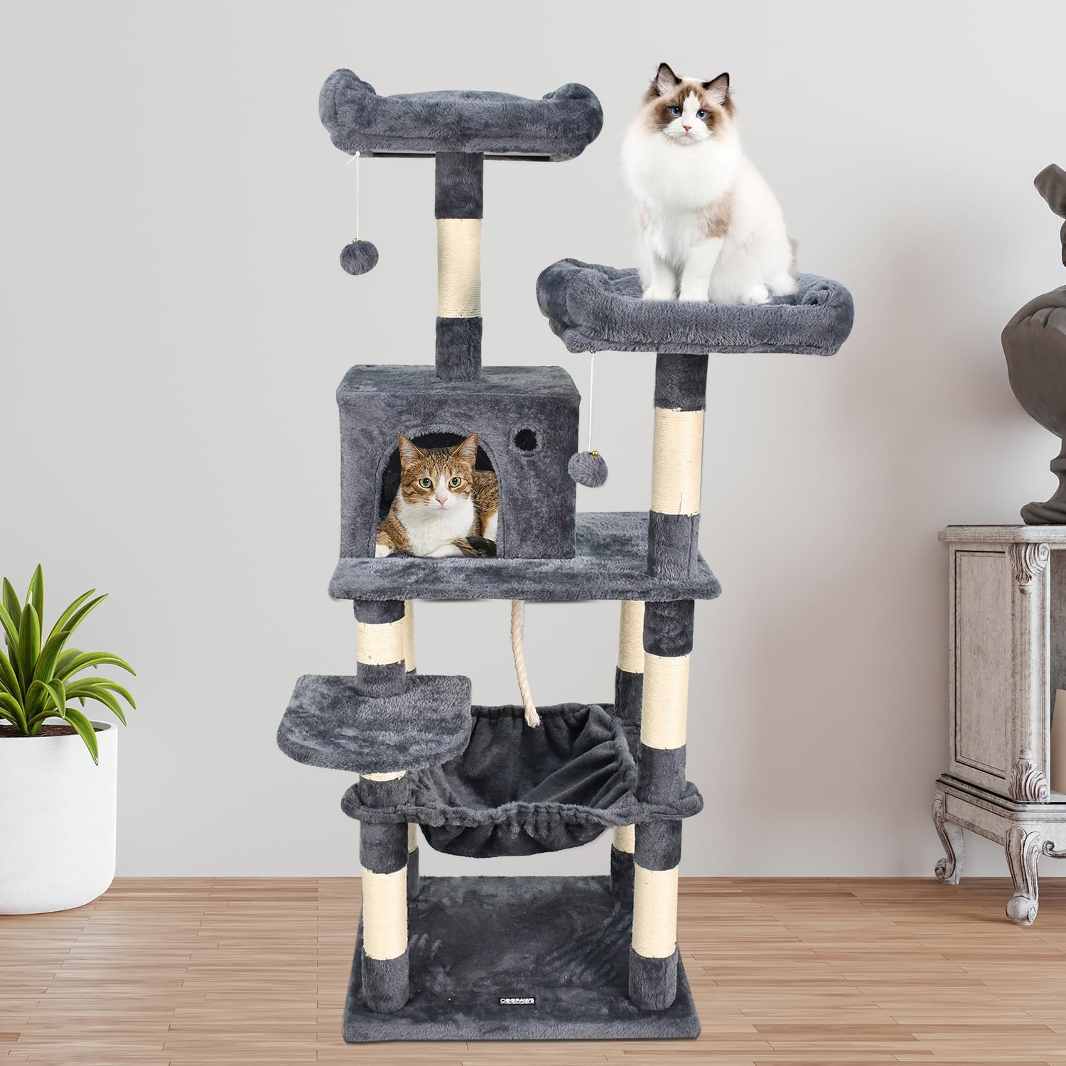 57-in Heavy-Duty Cat Tree for Large Cats, Multi-Level Tower with Sisal Scratching Posts, Plush Perch, Hammock & Condo Anti-Tip Design