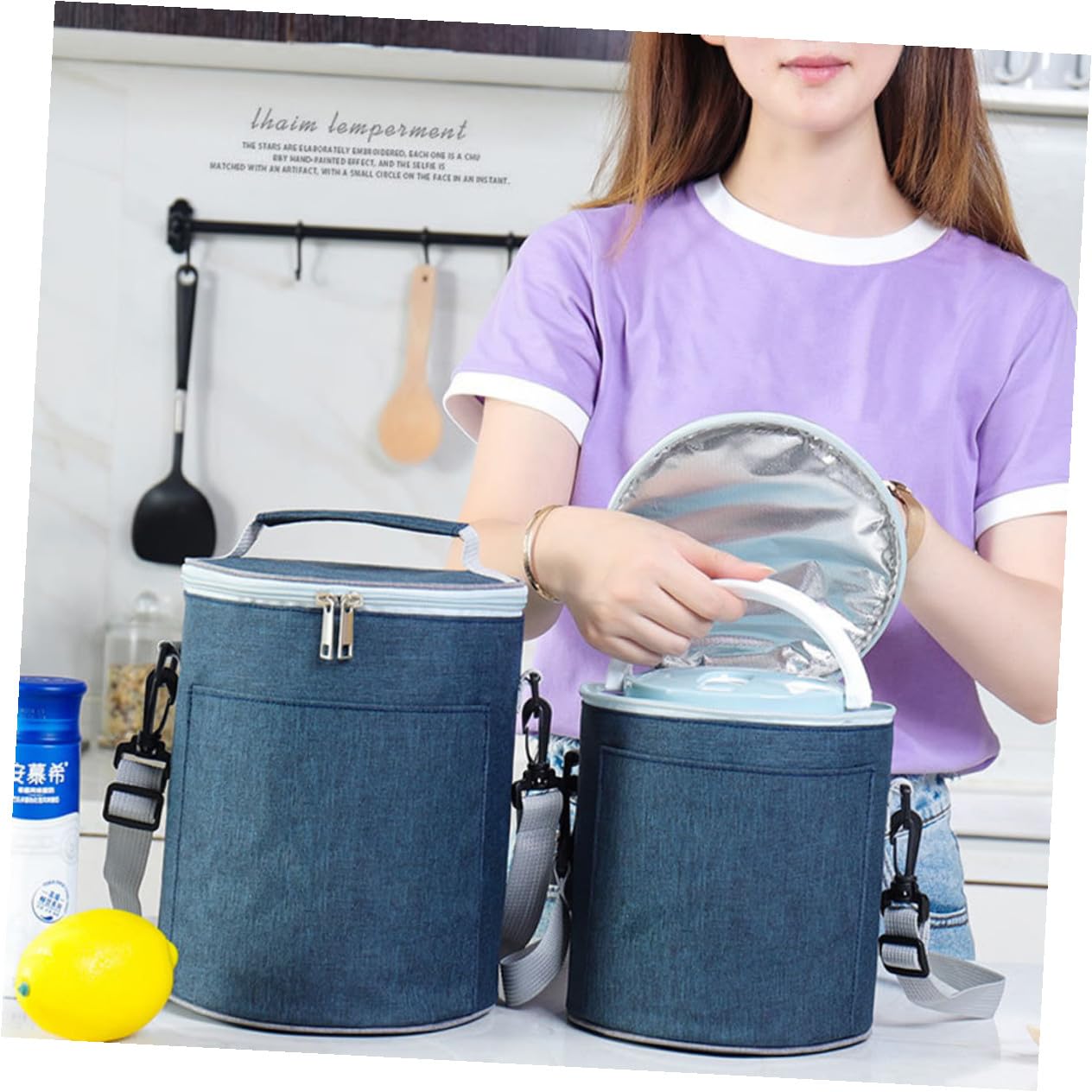 SUPVOX Bolsa Térmica Aislante Redonda Mediana de Tela Oxford Interior de Aluminio Bolsa de Almuerzo Portátil para Camping y Trabajo Isotérmica para Comida Caliente y Fría Color Azul