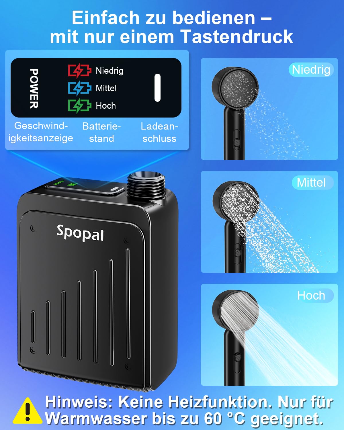 Spopal Campingdusche kompakt, IPX8 wasserdicht, tragbare Campingdusche mit Farbiger Stufenanzeige, Duschkopf mit Haken, Typ-C-Aufladung, Akku Dusche Pumpe für Wandern, Strand, Auto, Haustierwäsche