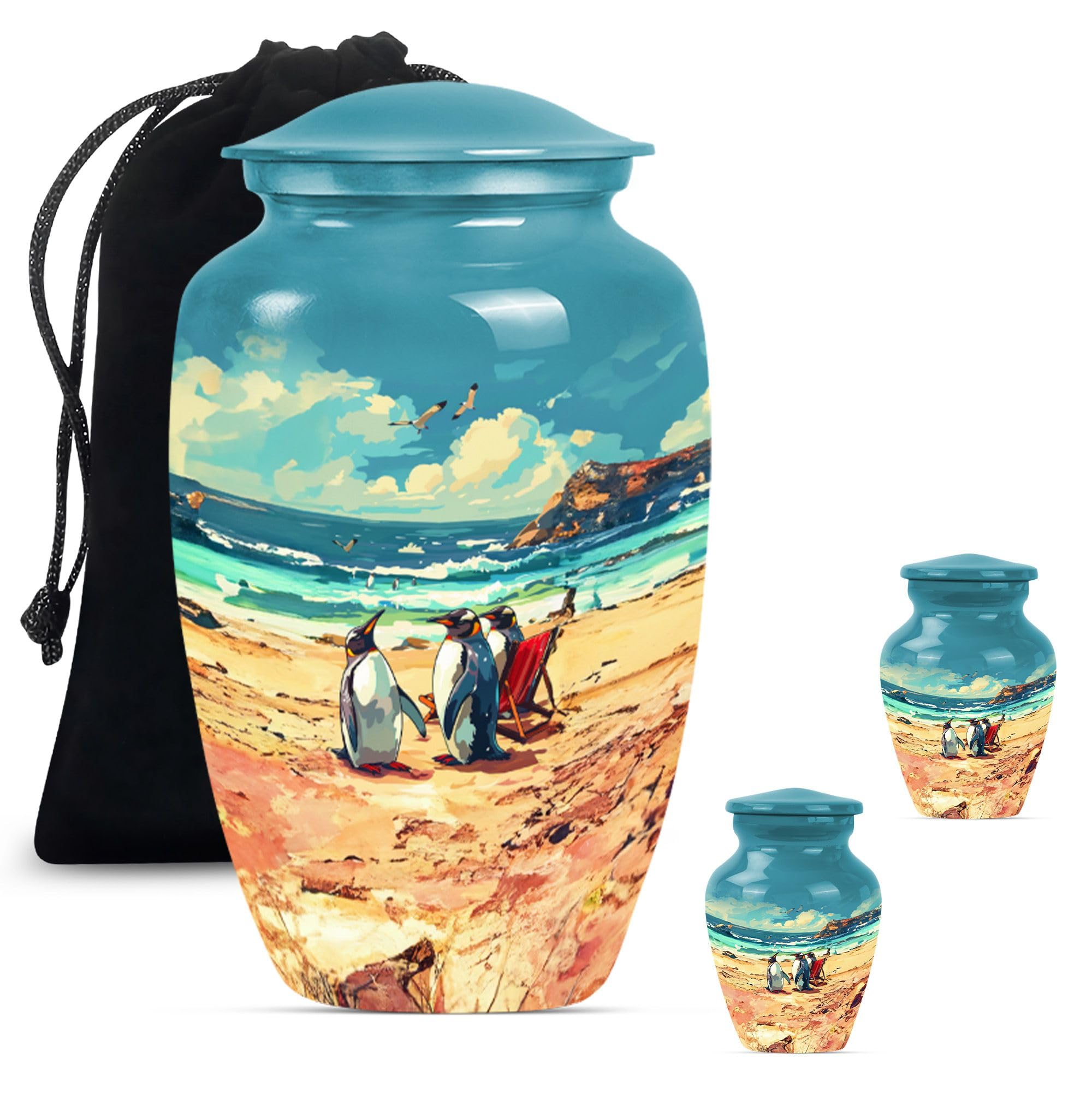 YATHABHISA Penguin Beach - Unique Urns - Keepsake Urns - Combo of 1 Large Urn with Velvet Bag and 2 Small - Burial Urns for Adult Human Ashes - Memorial Urns - Cremation Burial Urns - Decorative Urns