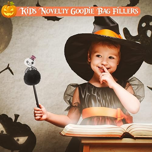 Miniatura 4 de Outus 16 bolígrafos de Halloween con diseño de calabaza, fantasma, murciélago y calavera, bonitos bolígrafos de felpa con pompón de 0.039 pulgadas