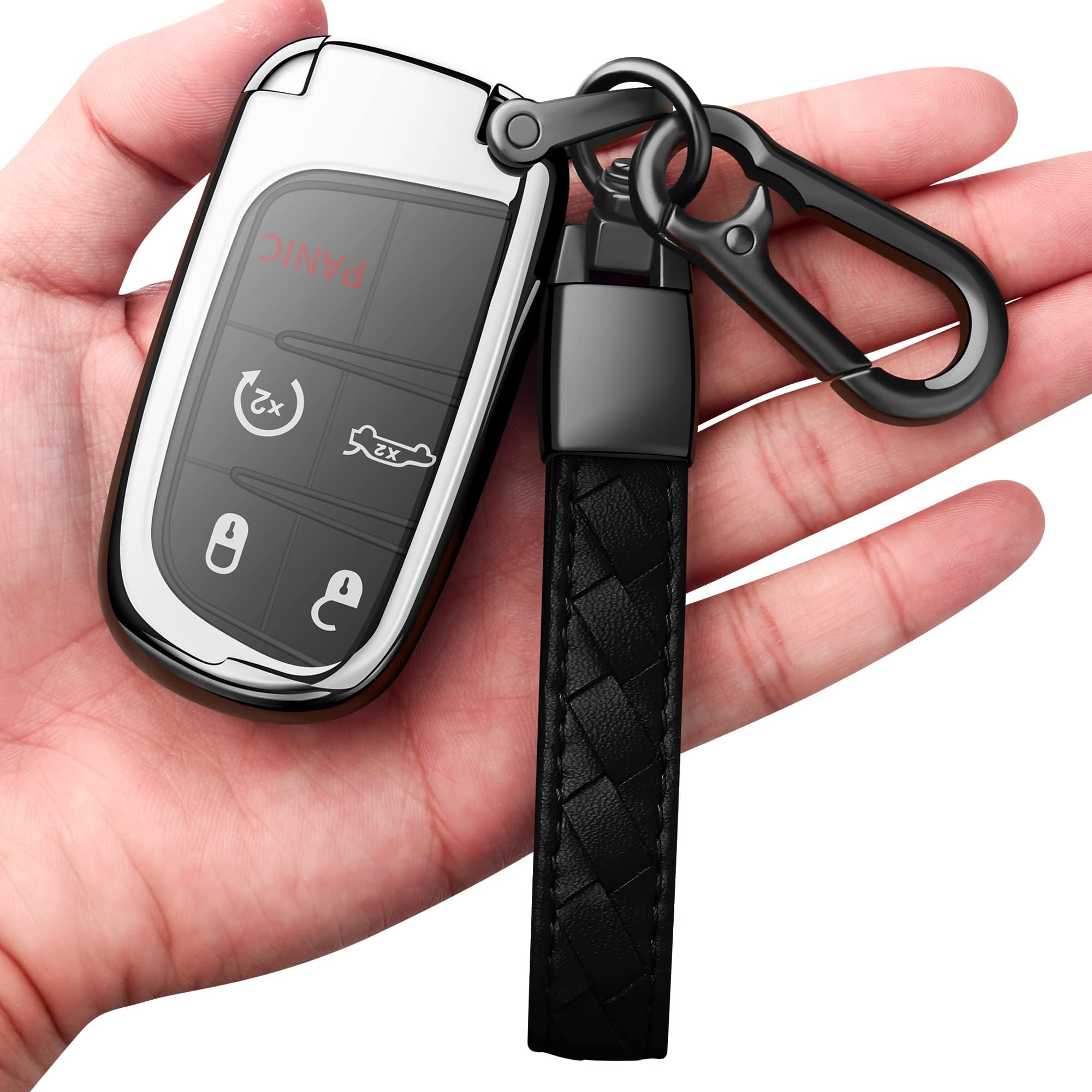 Compatible With Jeep Key Fob Cover With Leather Keychain Soft TPU Protection Key Case For Grand Cherokee Renegade Chrysler 200 300 Dodge RAM Durango Challenger Journey Dart Fiat Smart Key ,Silver