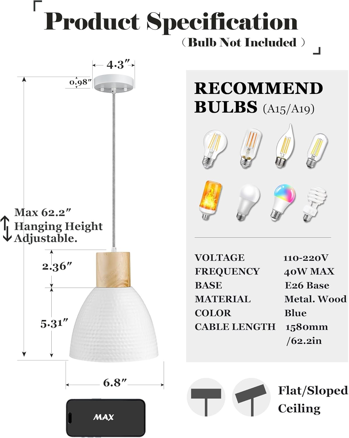 Product specification diagram showing dimensions, adjustable hanging height, and compatible ceiling types.
