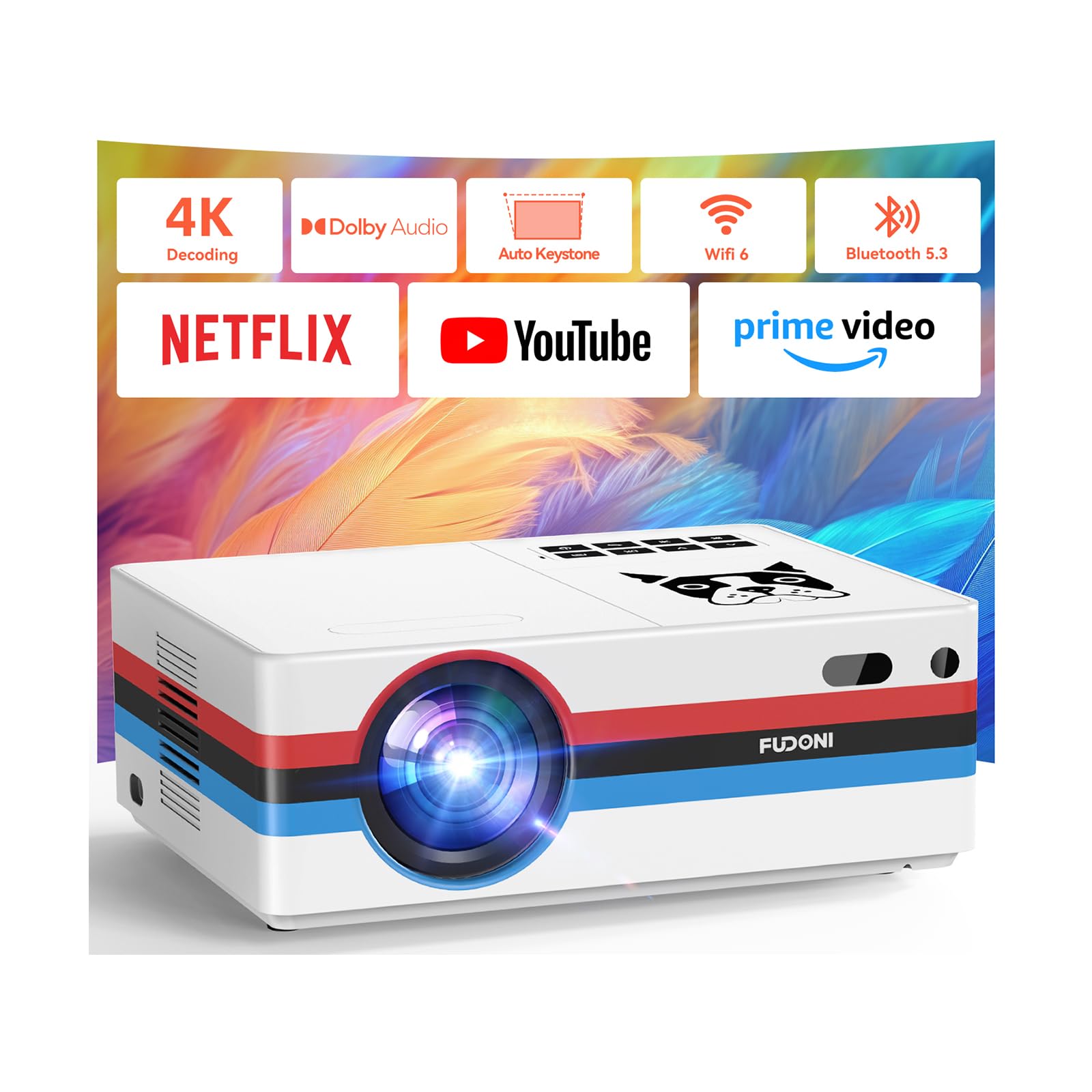 [Netflix officiellement/Dolby Audio] Projecteur intelligent FUDONI avec WiFi et Bluetooth 4K, Keystone automatique et mise au point électrique, projecteur extérieur 800ANSI avec applications, Netflix