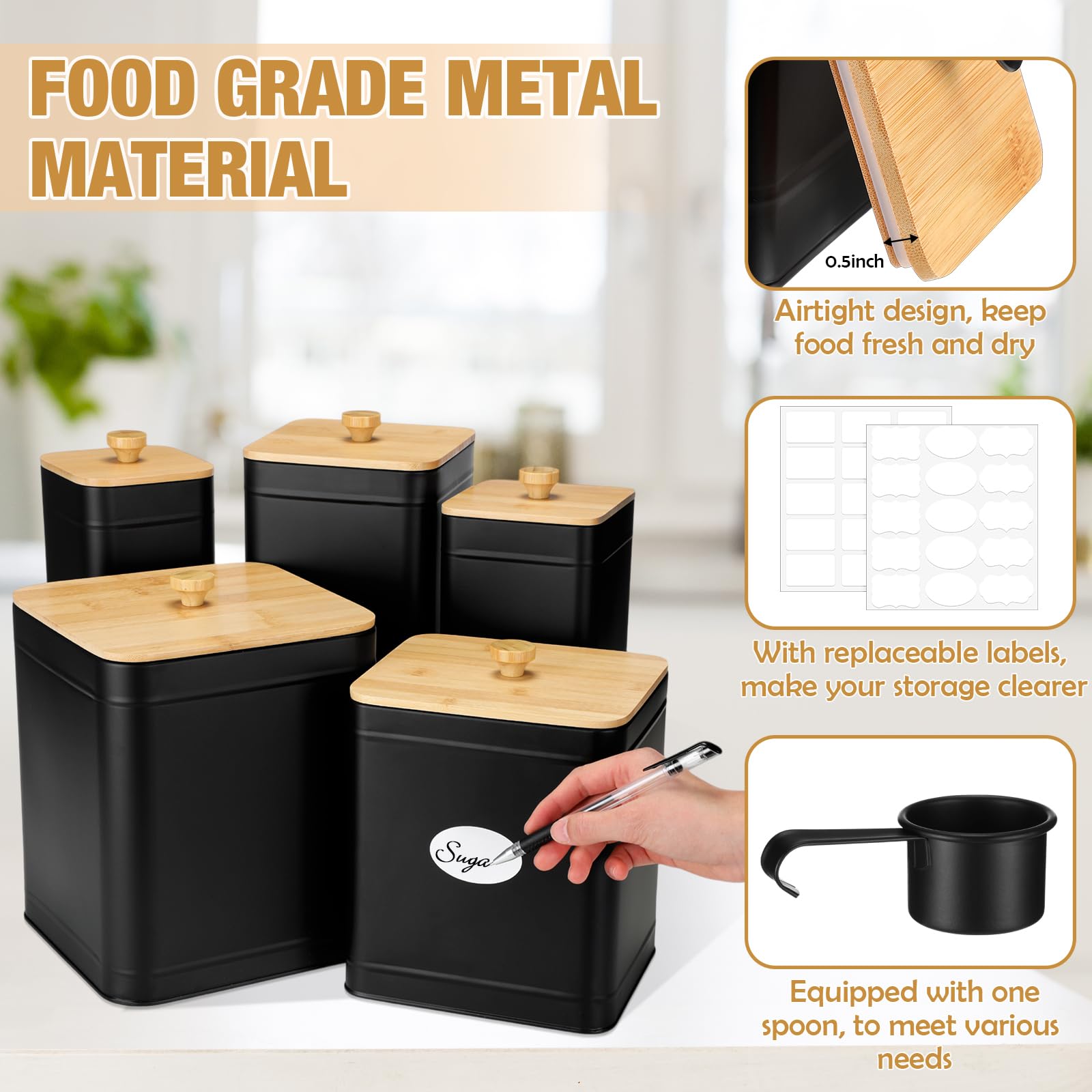 Buryeah Juego de 5 botes negros para la cocina, juego de 5 botes de cocina