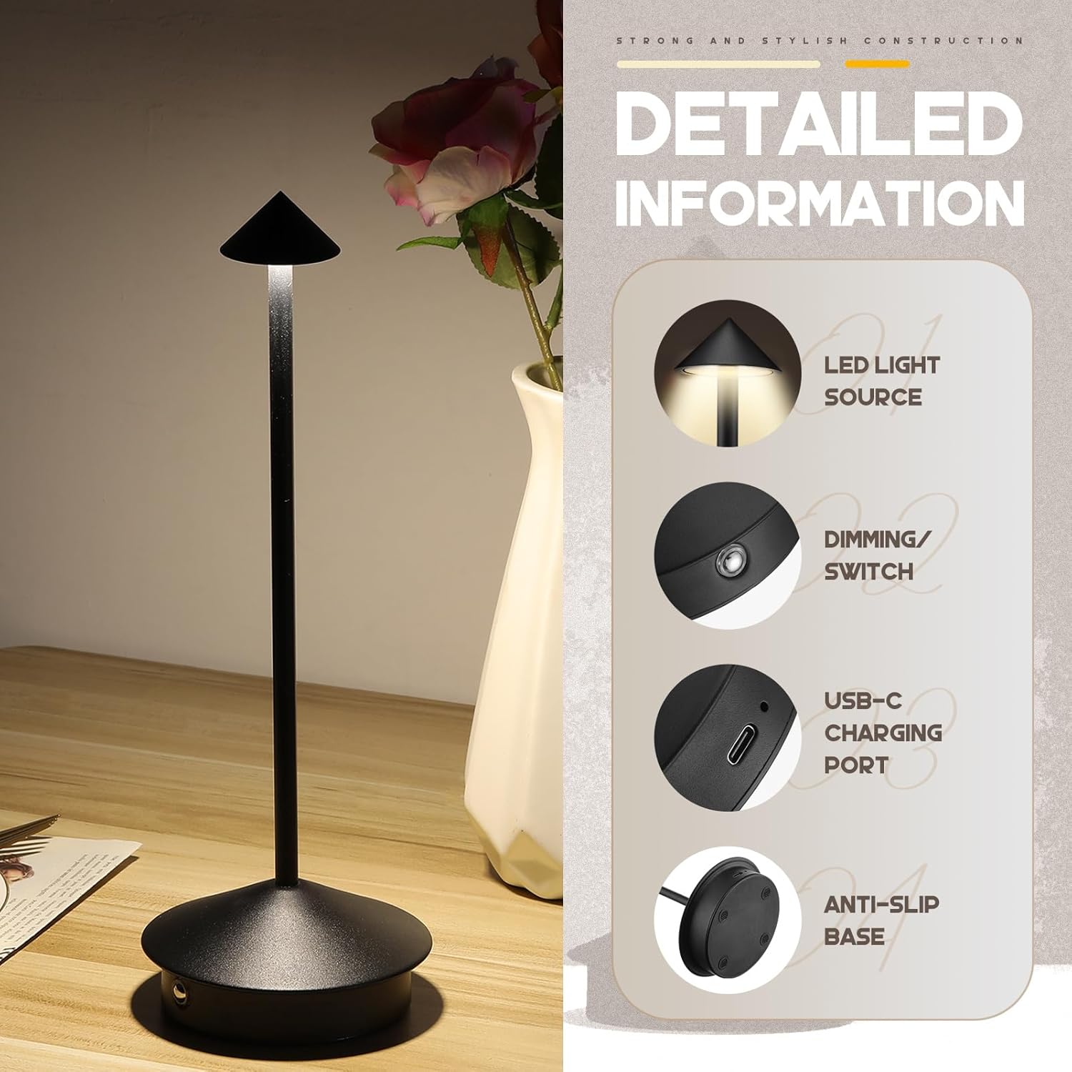 VIHOSE 2 Pack Rechargeable Cordless Table Lamp LED Portable Table Lamp 5000mah Battery Operated Desk Lamps 3 Level Brightness Light Lamps for Living Room Restaurant Outdoor(Black)