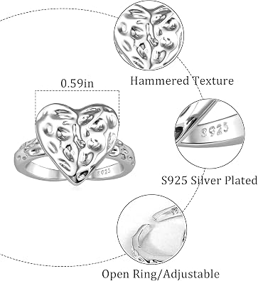 Silver Chunky Hammered Heart Open Ring Statement Thumb Ring for Women