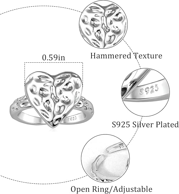 Silver Chunky Hammered Heart Open Ring Statement Thumb Ring for Women