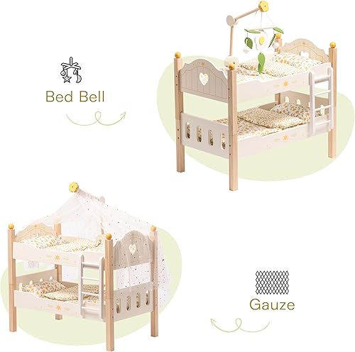 Miniatura 7 de ROBOTIME Literas para muñecas con juego de ropa de cama reversible, camas de madera para muñecas de bebé, cunas para muñecas de 18 pulgadas, se