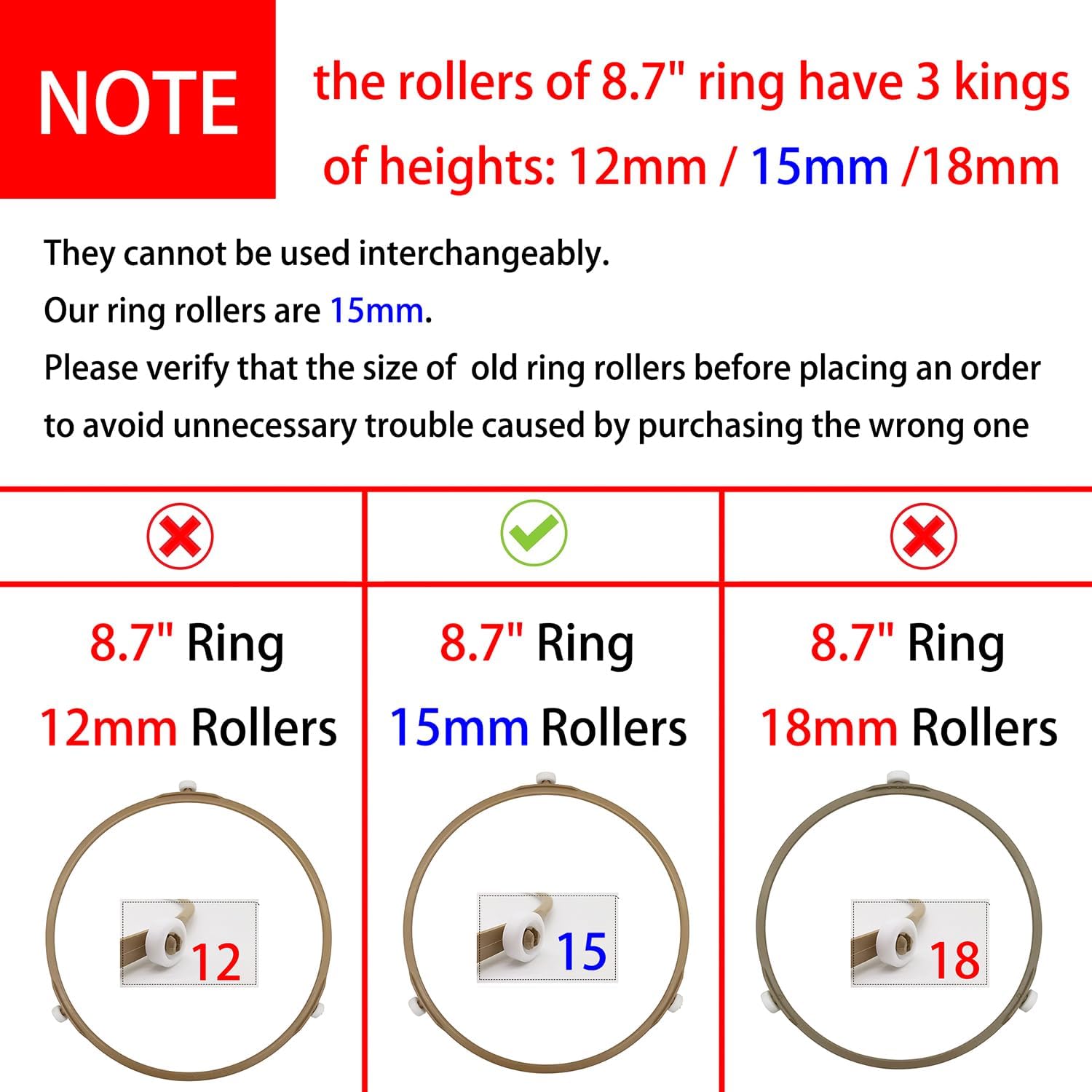 8.7" Microwave Turntable Roller Ring Replacement Part Fit for Most Microwaves, Ring Outer Diamater 8.7" / 221mm, Rollers Height: 15mm - 2 Pack