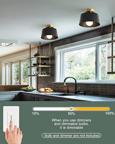 Miniatura 5 de BinoBro Lámpara de techo moderna semiempotrada con placa dorada y pantalla negra mate, lámpara de techo de granja para cocina, isla, comedor,