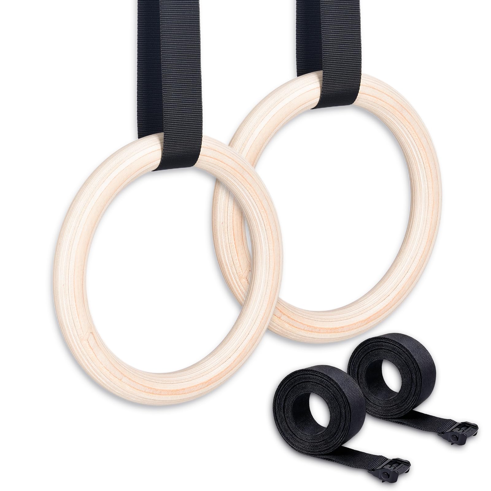 Anneaux de Sport et de Gymnastique pour entraînement, Anneaux de Gymnastique en Bois, Diamètre 28 mm, avec 2 Bandes en Nylon 5.1m Réglable Suspension Training Exercice Fitness pour Pull Up
