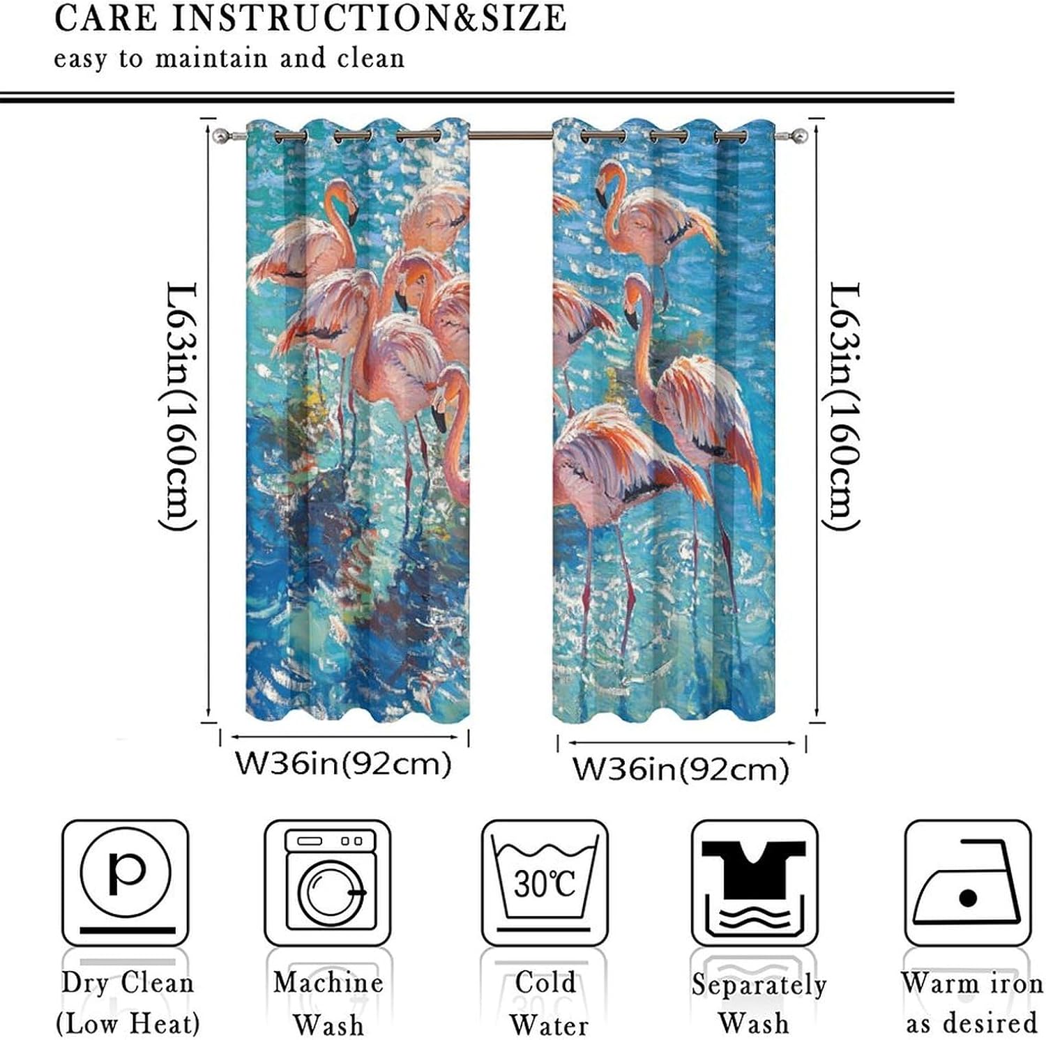 Abstract Flamingos Animal Grommet Blackout Curtains for Bedroom, Sky Water Coastal Ocean Thermal Insulated Curtains Room Darkening Window Drapes, 36W x 63L, 2 Panels