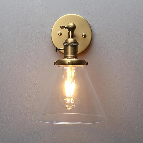 Miniatura 7 de 1 lámpara de pared vintage nostálgica con embudo de vidrio acampanado, pantalla de vidrio transparente, bombilla de filamento Edison incluida,