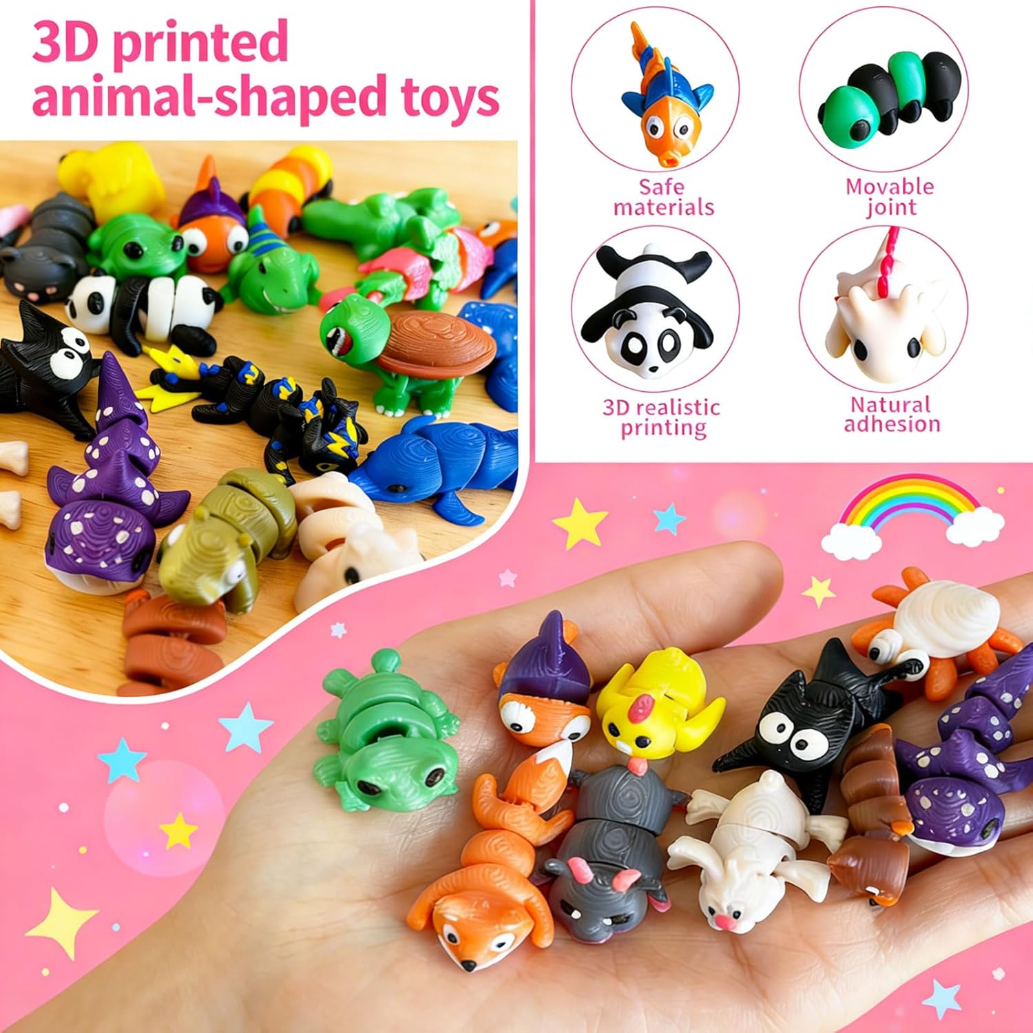 SHULI 48 Pack 3D Printed Animal Set, Fidget Sensory Toys for Kids & Adults, Eco-Friendly PLA Mini Figurines, Easter Basket Stuffers & Party Favors for Classroom Rewards