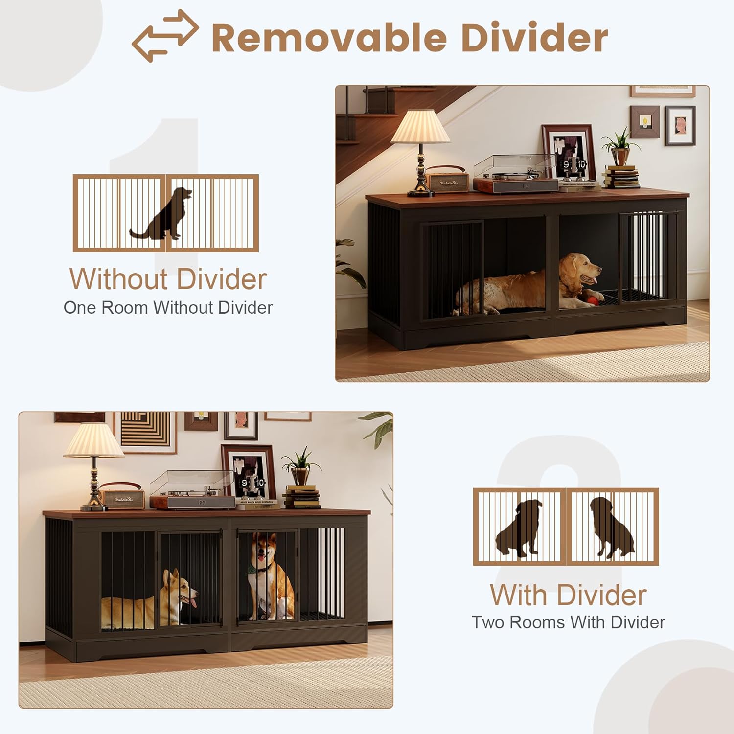 Furniture Style Dog Crate with Tray, 75" L Indoor Wooden Large Dog Kennel Furniture, Heavy Duty Decorative Dog Crate Table and Removable Divider, Black