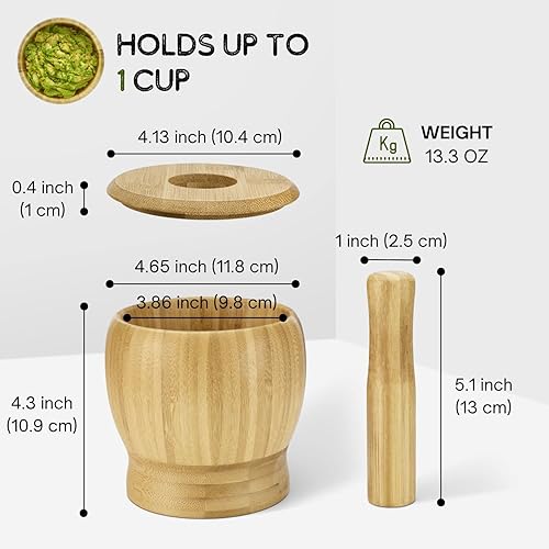Miniatura 6 de Flexzion Juego de mortero y maja de madera de 5 pulgadas, juego de tazón y molinillo de bambú de 5 pulgadas, molcajete de madera con tapa y cuchara