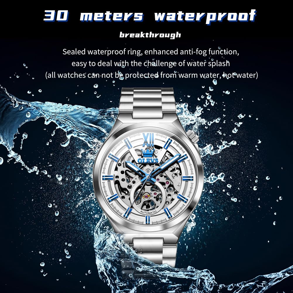 OLEVS Herren-Skelett-Uhren, automatisch, selbstaufziehend, mechanisch, Designer-Luxuskleid, Edelstahl, wasserdicht, Original-Armbanduhr für Herren