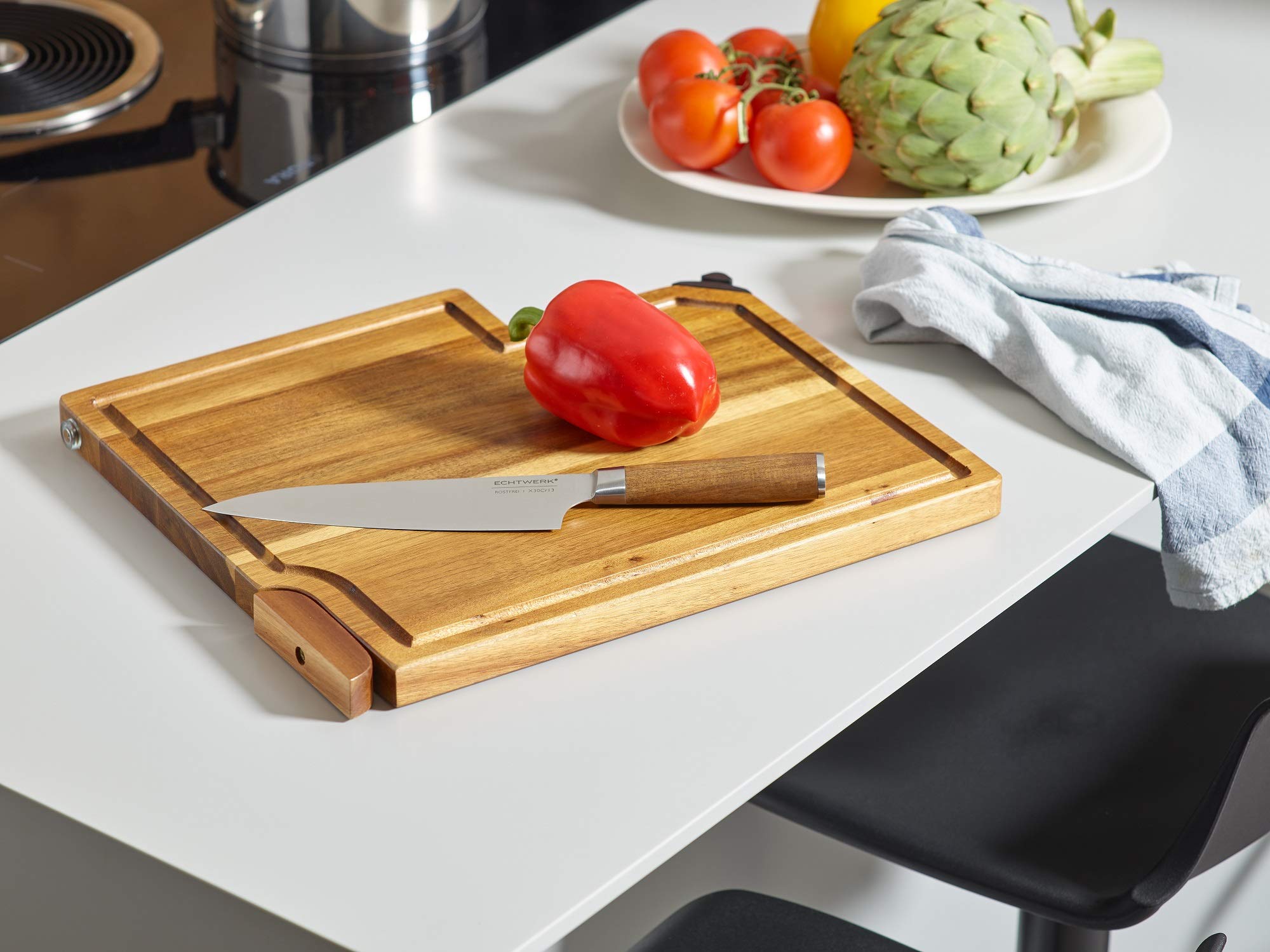 Echtwerk Juego de Cuchillos 3 en I con Tabla de Cortar de Madera de Acacia con afilador de Cuchillos Integrado