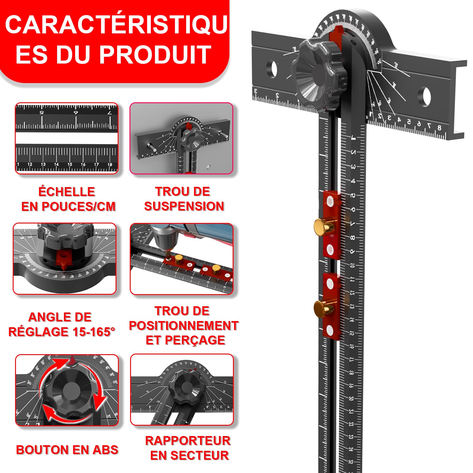Équerre en T de Menuiserie 74cm Outil de Mesure à Angle Réglable 15-165°, Corps en Alliage d'Aluminium, Guide de Perçage de Précision pour Menuiserie, Dessin Technique, Architecture et Artisanat