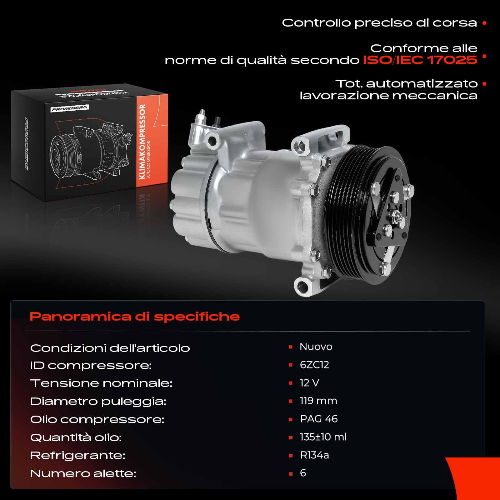 Frankberg Compressore per aria condizionata con frizione, diesel, | Compatibile con: C5 I Break DE, 607 9D 9U, 2008 I CU, C5 I DC, Ulisse 179, DS3 Cabriolet SB, C6 TD, 307 Pausa 3E