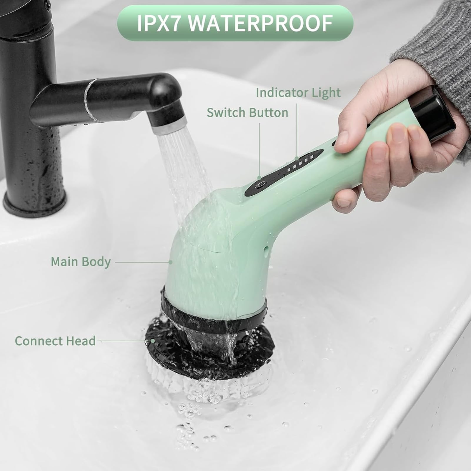 Mopa eléctrica para ventana, lavabo y bañera, limpiador para baño, cepillo de limpieza eléctrico inalámbrico con mango ajustable con 6 cabezales de repuesto