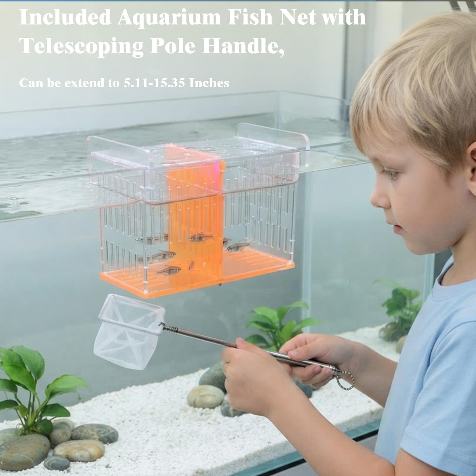 Fischzüchterbox für Aquarium, Acryl-Brutkasten mit langem Griff Netz – Zucht- und Isolationsbox für Babyfische, Garnelen, Betta Guppy, Tankteiler (Orange, 22,9 x 13,5 x 17 cm)