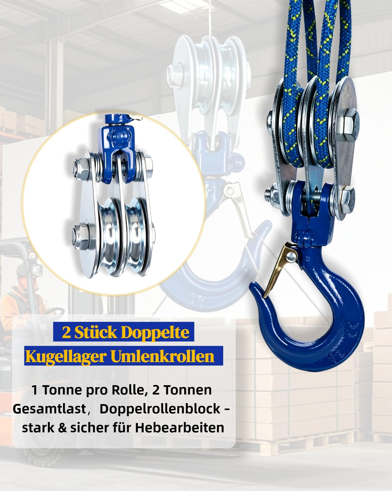 2 Stück 1 Tonne Doppelte Umlenkrolle mit Kugellager Umlenkrollen für Seile bis 10mm schwerlast Seilwinde Flaschenzug mit 360° Sicherheitshaken & Anti‑Rutsch‑Klammer für Forst Bau Industrie