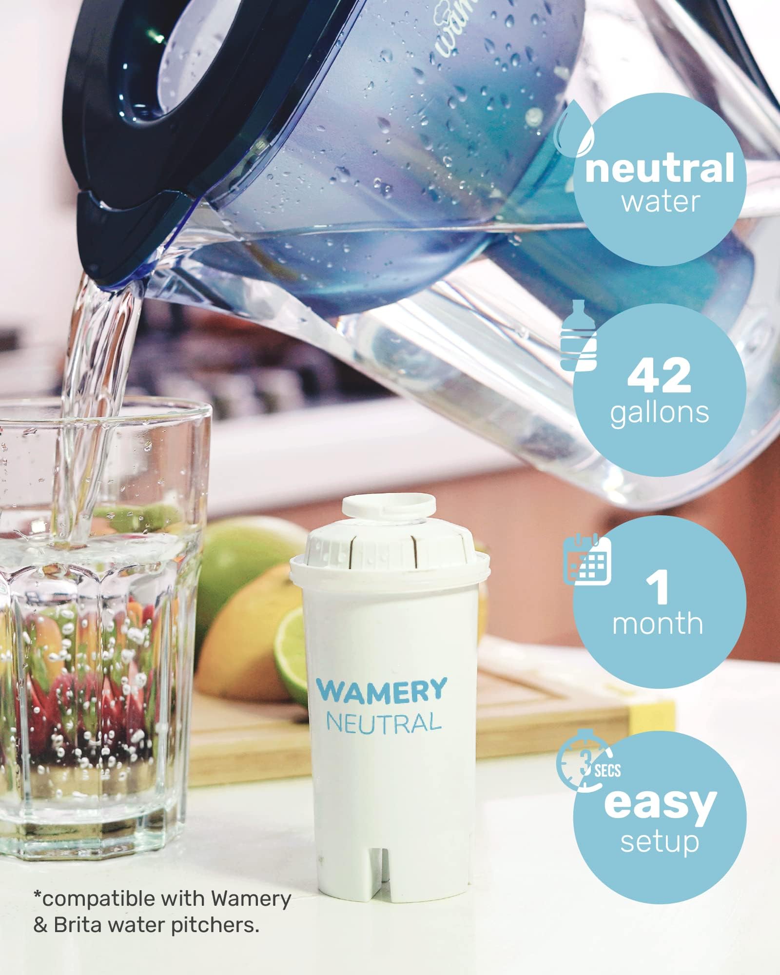 Wamery Water Filter Replacement Fits on Brita & Wamery Pitcher Purifier Classic Water Filters Cartridges 3 Pack