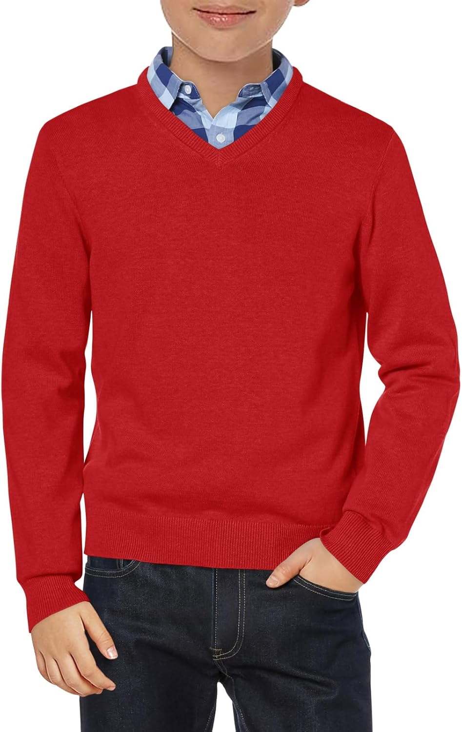 Haloumoning Boys School Uniform Sweater Kids Long Sleeve V Neck Pullover Fall Winter Clothes 5-14 Years