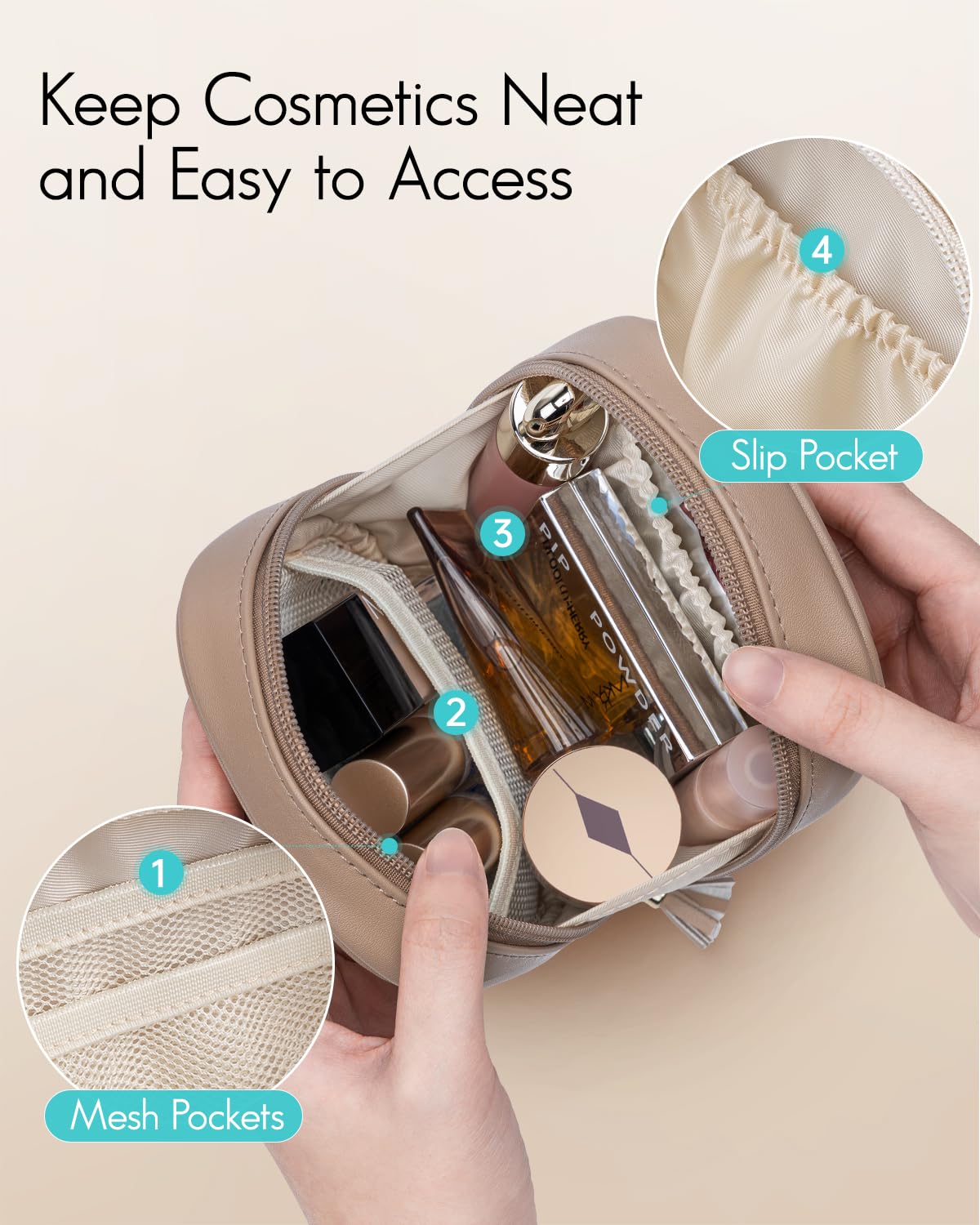 Vlando Small Makeup Bag for Women Girls, Mini Makeup Bag Pouch for Purse, Waterproof Cosmetic Bag with Wide-Opening Zipper, Portable Travel Makeup Bag Toiletry Bag, Travel Essentials, Toffee - 5